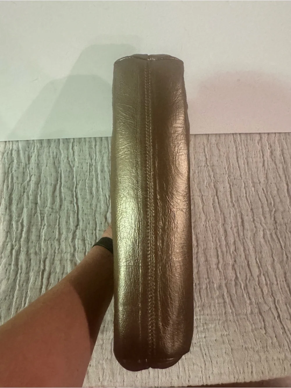VTG Stuart Weitzman Metallic Bronze Hinge Open Clutch with Zipper Rosette